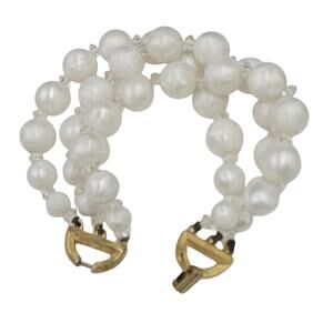 Vintage Crown Trifari Three Rows White Beads Goldtone Bracelet 1960s